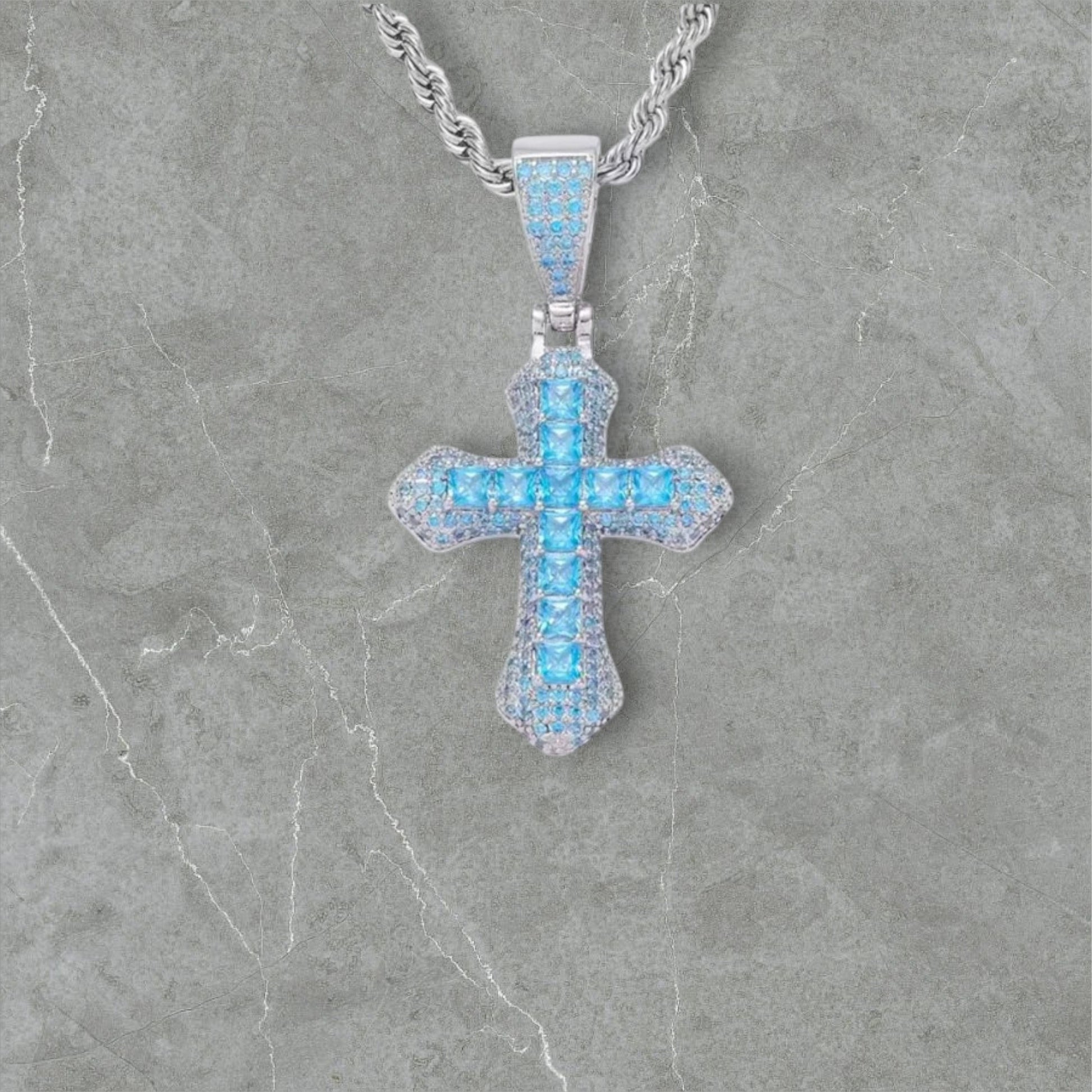 PENDENTIF CROIX BLEUE - Or blanc