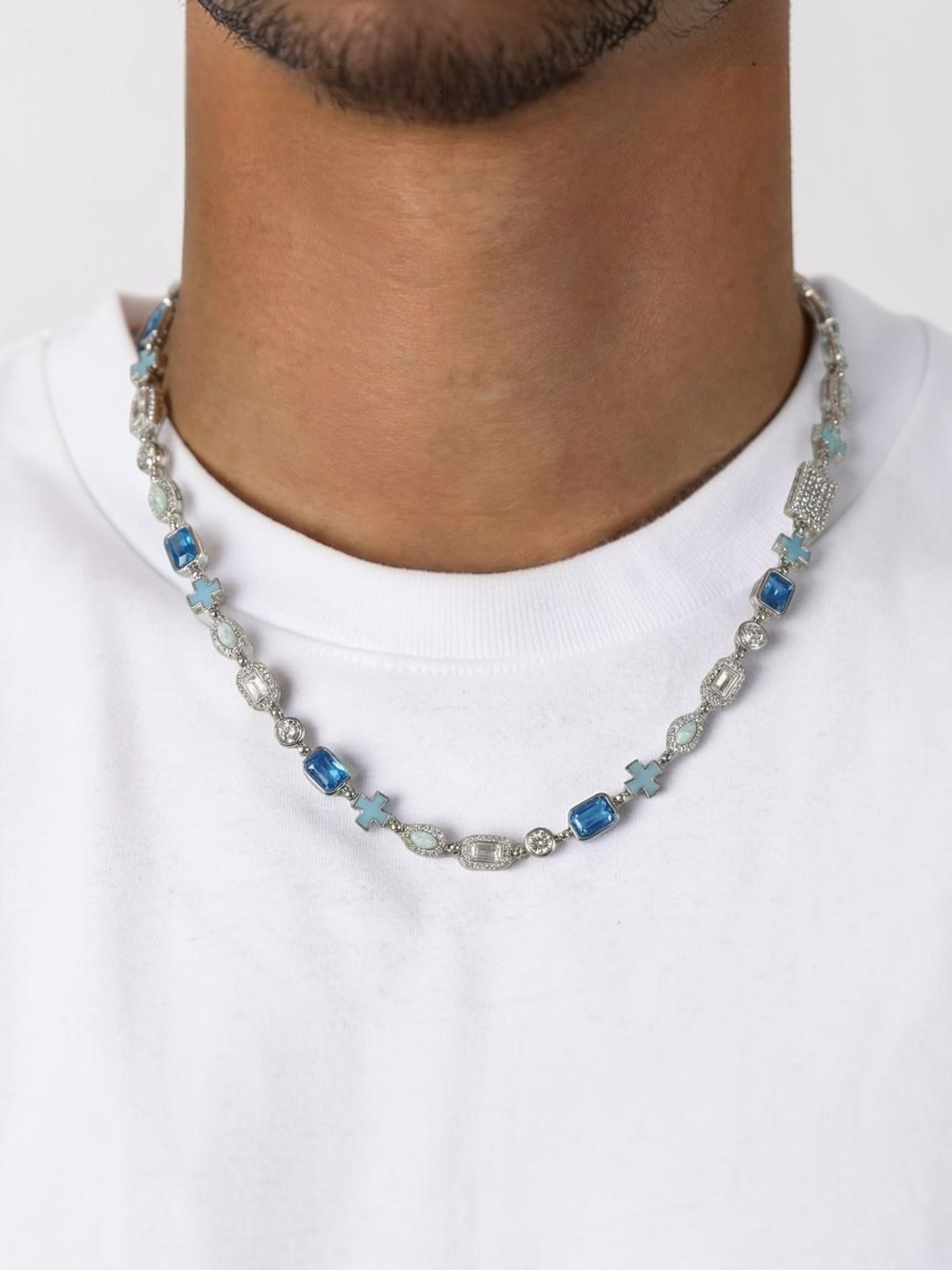 Cross and Blue Gemstone Chain - White Gold