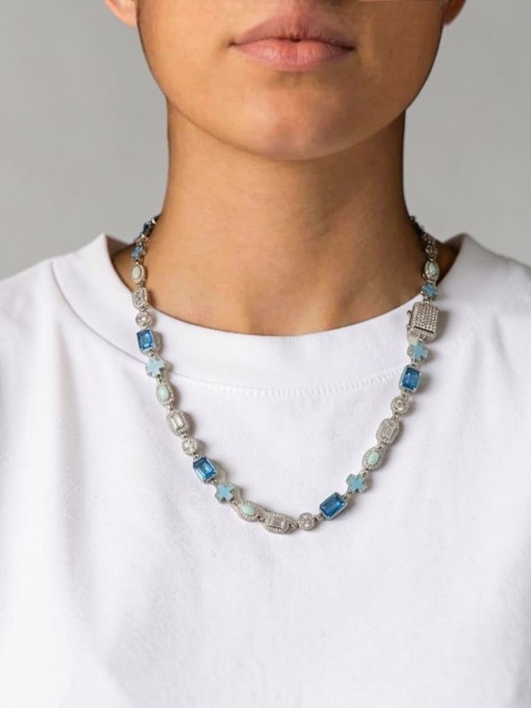 Cross and Blue Gemstone Chain - White Gold