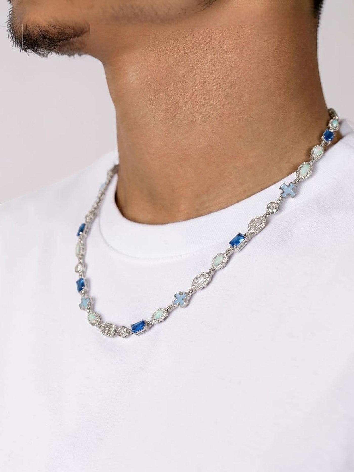 Cross and Blue Gemstone Chain - White Gold