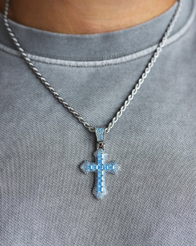 PENDENTIF CROIX BLEUE - Or blanc