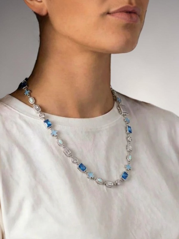 Cross and Blue Gemstone Chain - White Gold