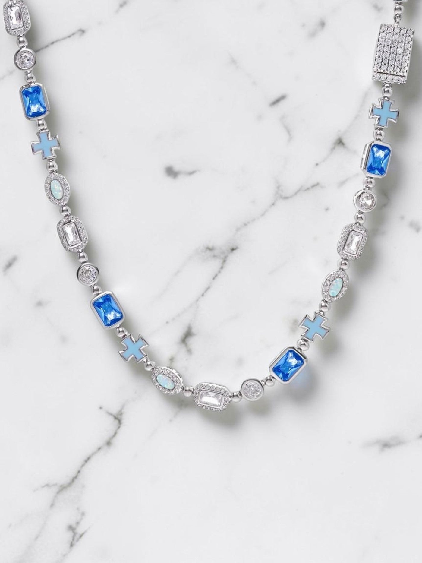 Cross and Blue Gemstone Chain - White Gold