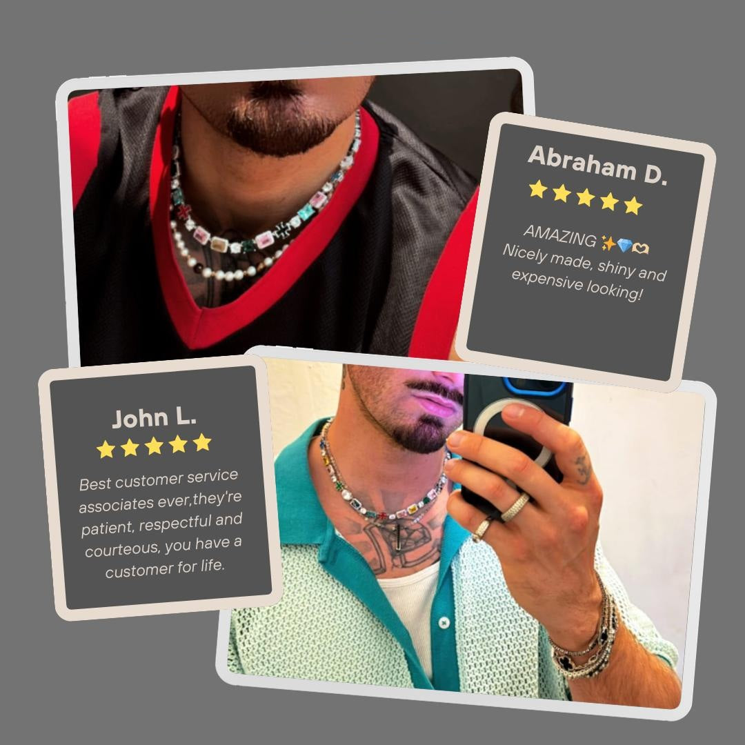 Kreuz und Kette aus Moissanit und Edelsteinen.